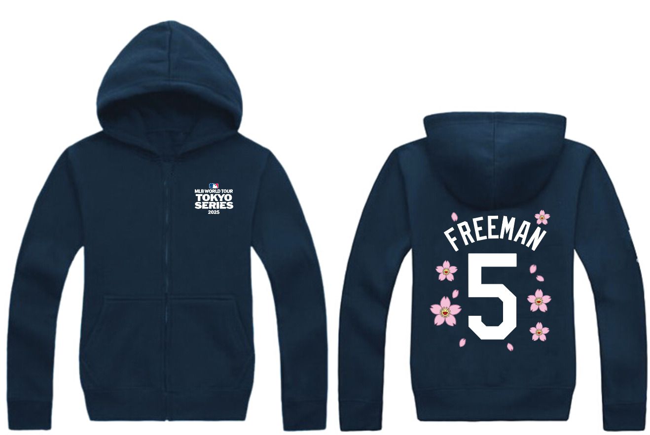Men Los Angeles Dodgers 5 Freeman Dark Blue Zipper hoodie 2025 MLB Jersey style 1